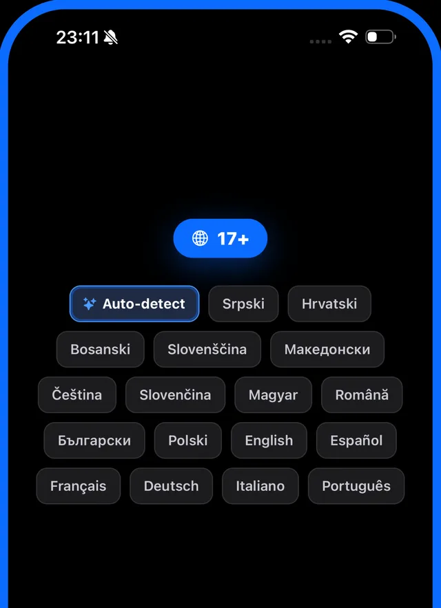 Language picker showing 17 supported languages